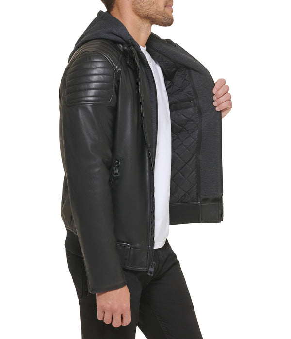 Faux Leather Hooded Moto Jacket