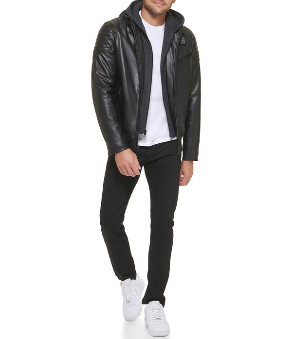 Faux Leather Hooded Moto Jacket