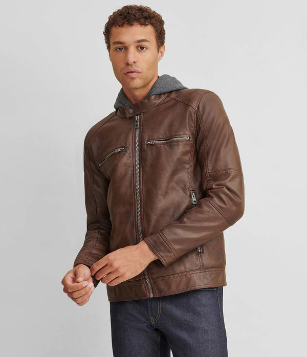 Faux-Leather Jacket With Hood