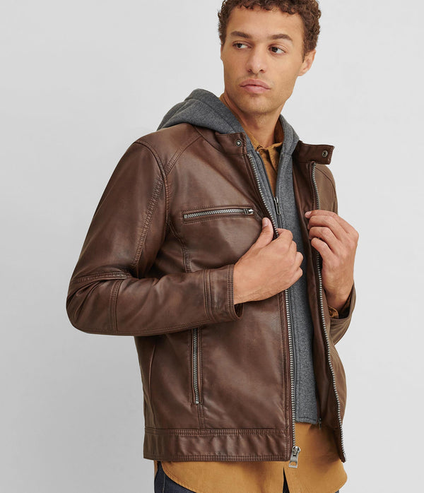 Faux-Leather Jacket With Hood