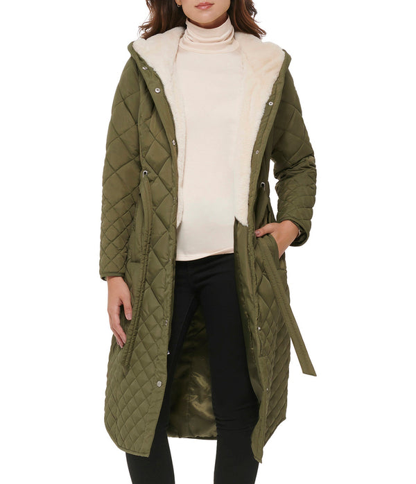 Belted quilted long jacket With Faux Sherpa Lining