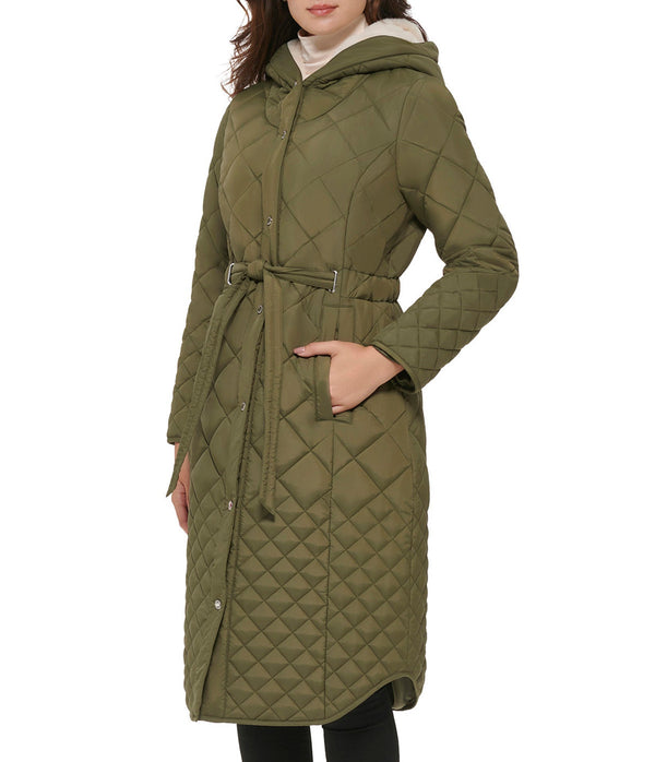 Belted quilted long jacket With Faux Sherpa Lining