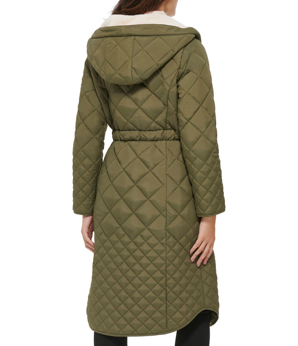 Belted quilted long jacket With Faux Sherpa Lining