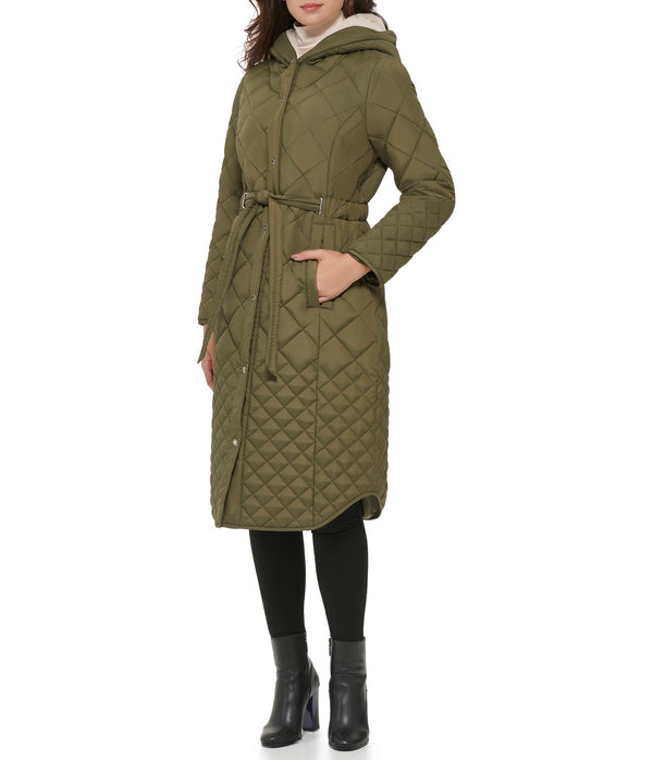 Belted quilted long jacket With Faux Sherpa Lining