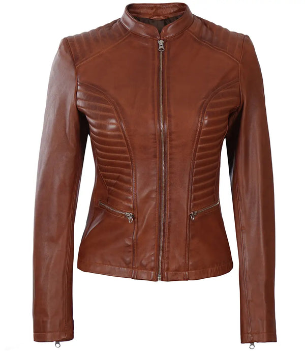 Women's Cafe Racer Cognac Brown Slim Fit Leather Jacket