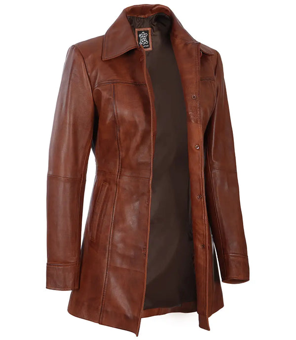 Kandis Women's Cognac Brown Leather Car Coat