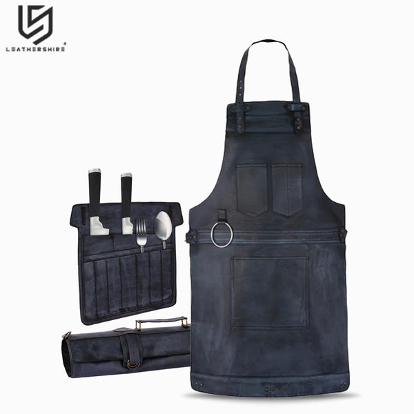 Chef Black Wax Leather apron and Roll with free utility belt Gift Set