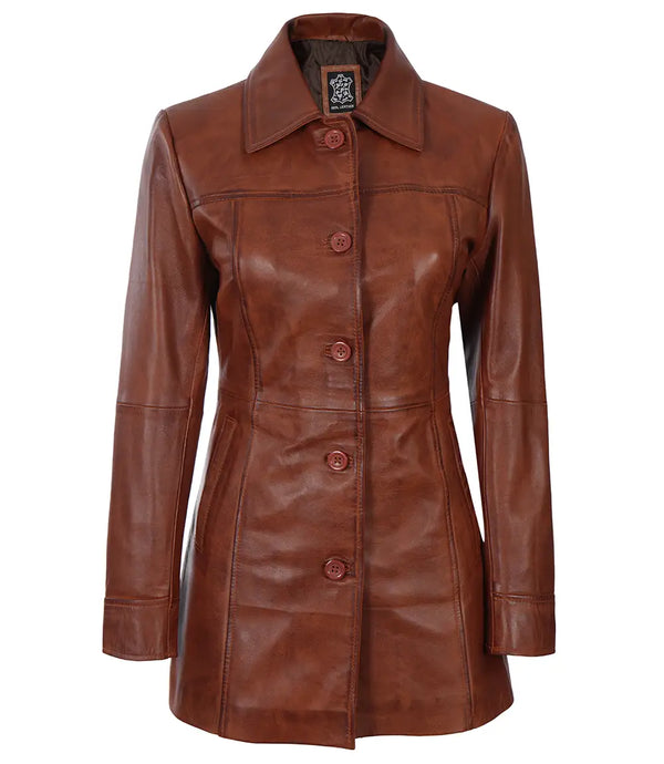 Kandis Women's Cognac Brown Leather Car Coat