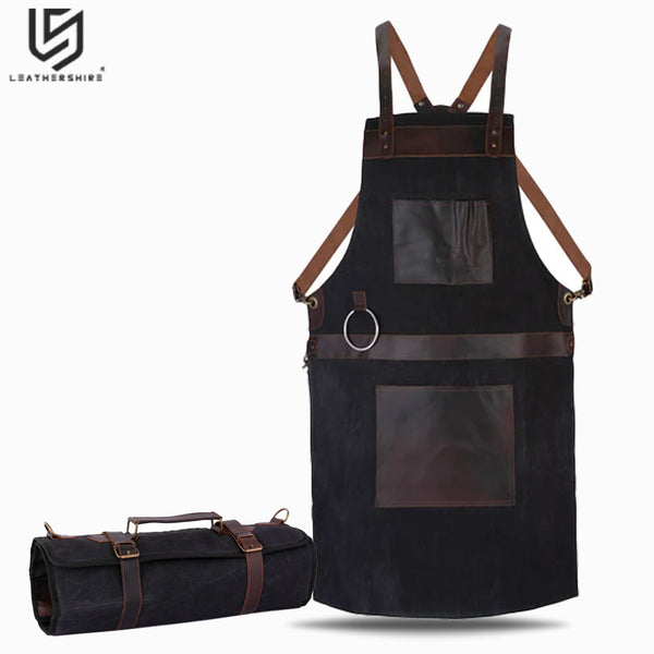 Waxed Black Leather Canvas apron and Roll Gift Set