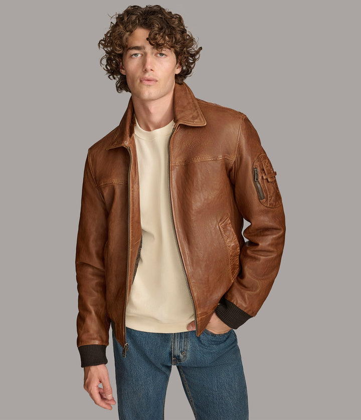 Frontside view of Ace Bomber Men leather jacket with open zipper 

