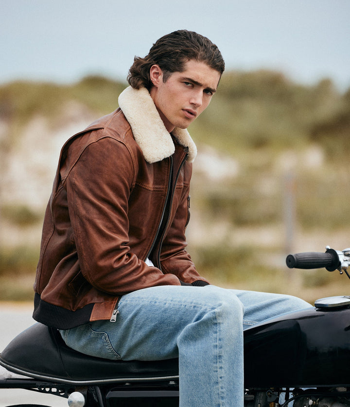 Scenic view of Ace Bomber Men leather jacket with open zipper 
