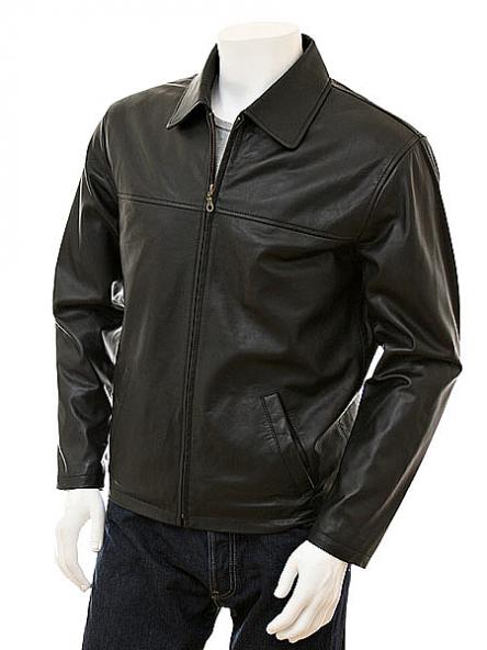 Tilted  full front side view of MEN'S BLACK HARRINGTON LEATHER JACKET  WITH COLLAR  

