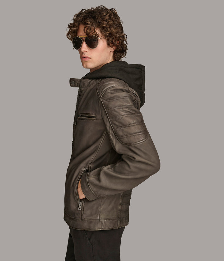 Side view of  Mark Hooded Scuba leather jacket with zipper pockets at front.
