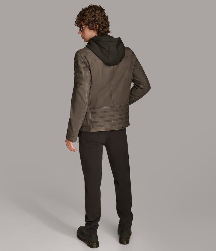 Backside view of  Mark Hooded Scuba leather jacket with zipper pockets at front.
