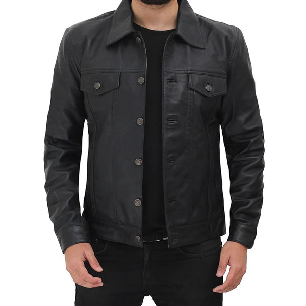 A man wearing a black Fernando leather trucker jacket with a standing collar, featuring front pockets and side pockets.