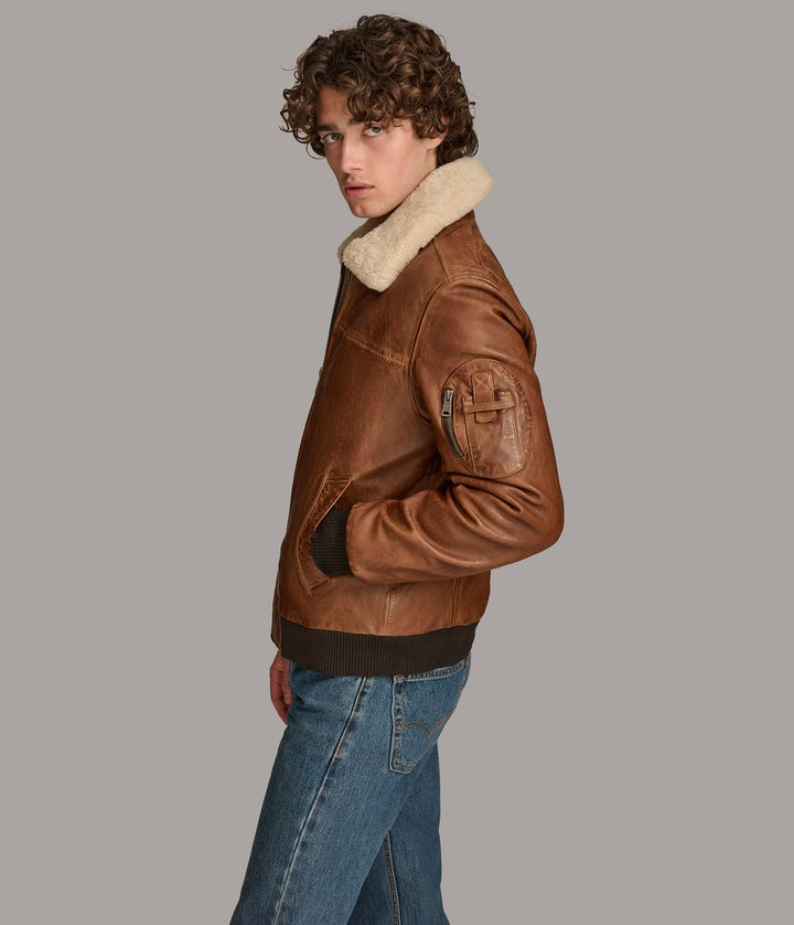 Right side view of Ace Bomber Men leather jacket with Closed zipper 
