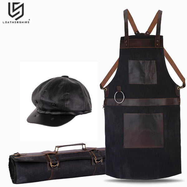 Waxed Black Leather Canvas apron and Roll with Cap Gift Set