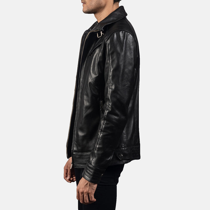 Side view of a man wearing a Legacy Leather Biker Jacket with a high neck, zipper closure, and button details
