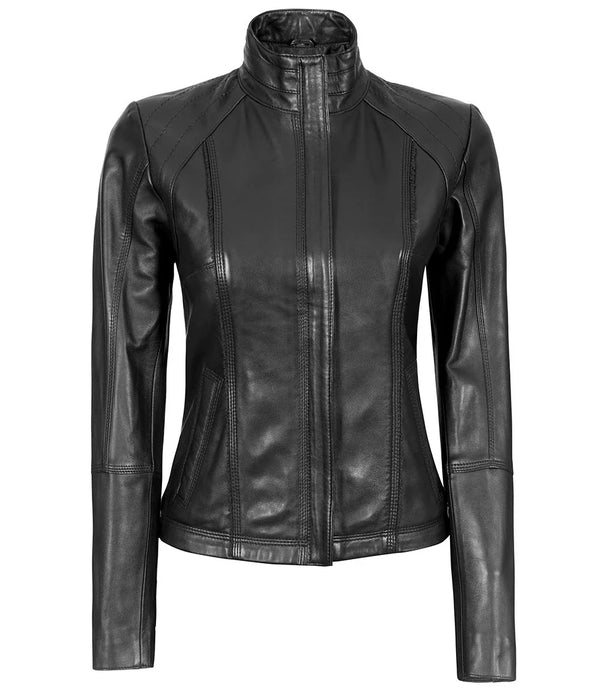 Women's Black Leather Cafe Racer Motorcycle Jacket