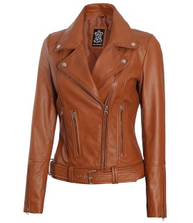 Amy Women's Tan Cafe Racer Slim Fit Leather Jacket