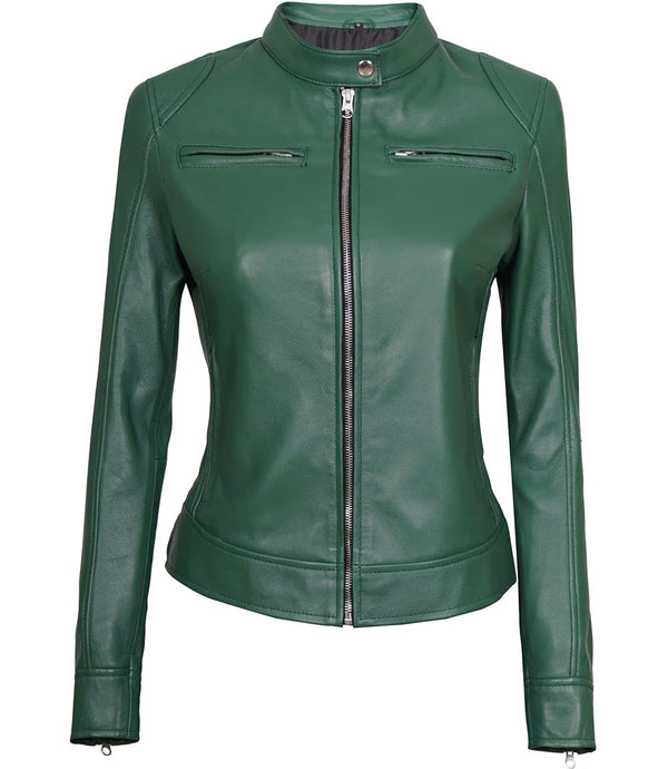 Dodge Women Green Motorcycle Cafe Racer Leather Jacket