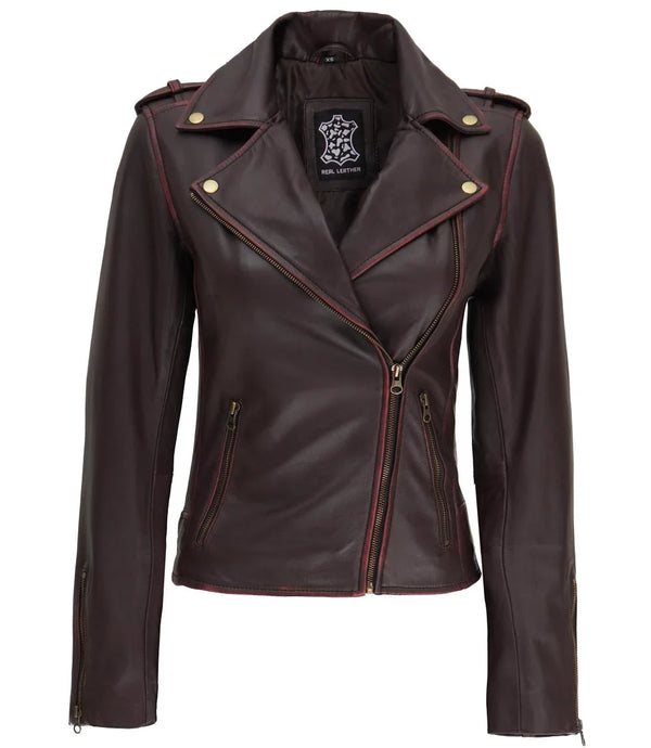 Women's Brown Asymmetrical Leather Motorcycle Jacket