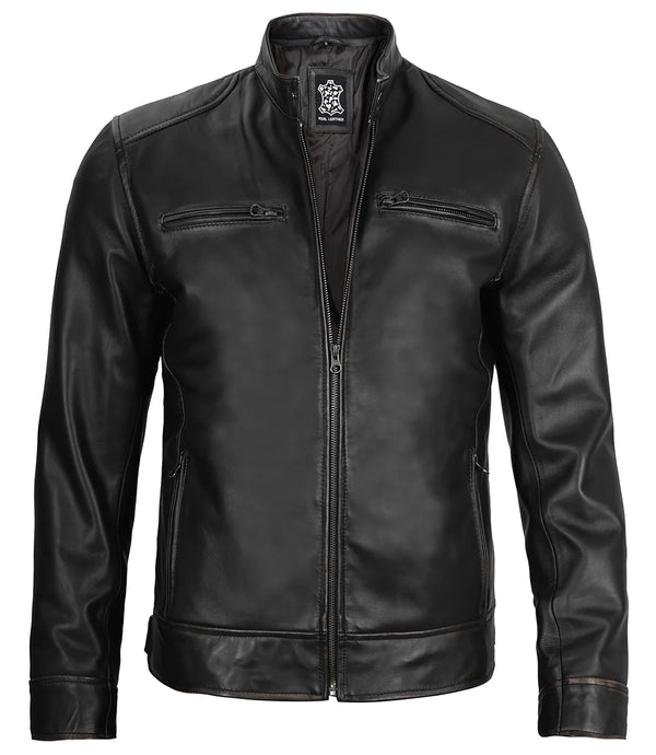Dodge Men's Black Leather Cafe Racer Jacket - Biker Jacket with a mandarin collar, front zip fastener, and multiple pockets