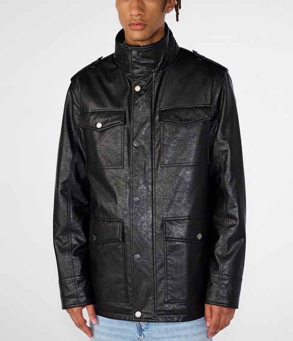 Four-Pocket Faux Leather Jacket With Sherpa Collar Detail