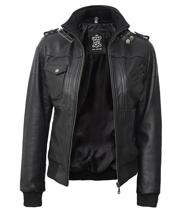 Edinburgh Women's Bomber Black Leather Jacket with Removable Hood