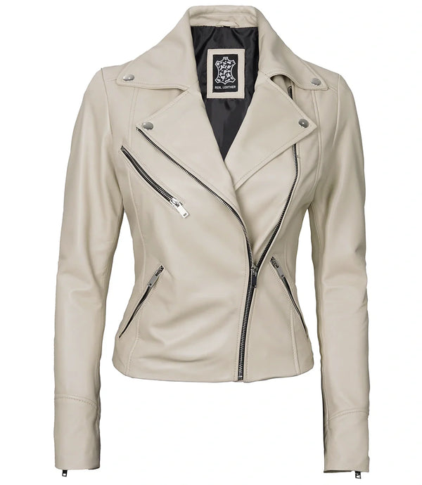 Front view angle of Ninfa Women Moto Style Beige Real Leather Jacket