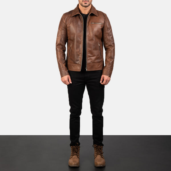 Front side view of Lavendard Brown Leather Biker Jacket
