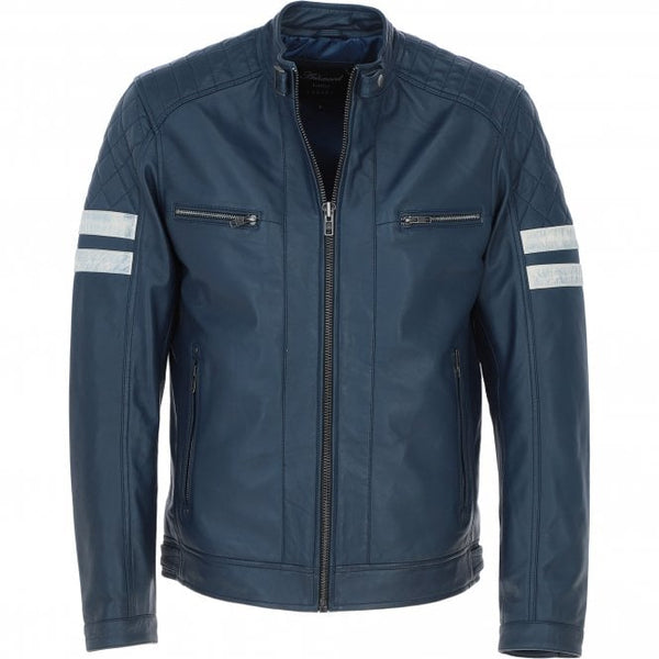 A Leather Biker Jacket with Bold Contrasting Stripe Navy: AWM-NOVA
 on the sleeves and a mandarin collar.