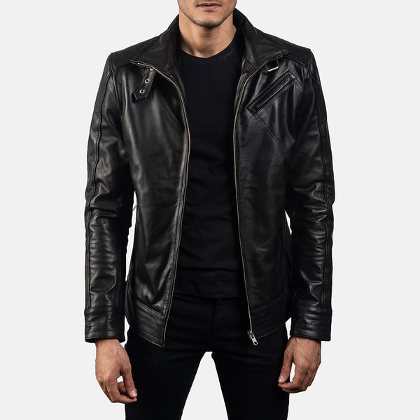 A man wearing a Legacy Leather Biker Jacket with a high neck, zipper closure, and button details.