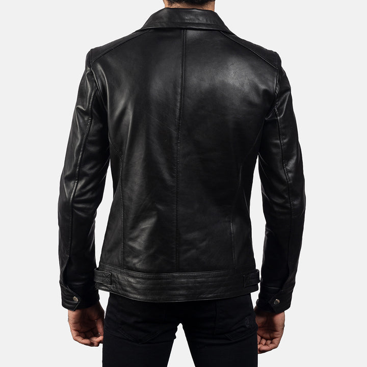 Backside view of a man wearing a Legacy Leather Biker Jacket with a high neck, zipper closure, and button details