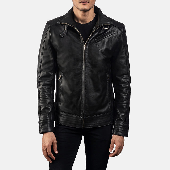 Complete frontside view of a man wearing a Legacy Leather Biker Jacket with a high neck, zipper closure, and button details