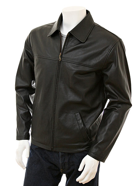 Tilted front side view of MEN'S BLACK HARRINGTON LEATHER JACKET  WITH COLLAR  
