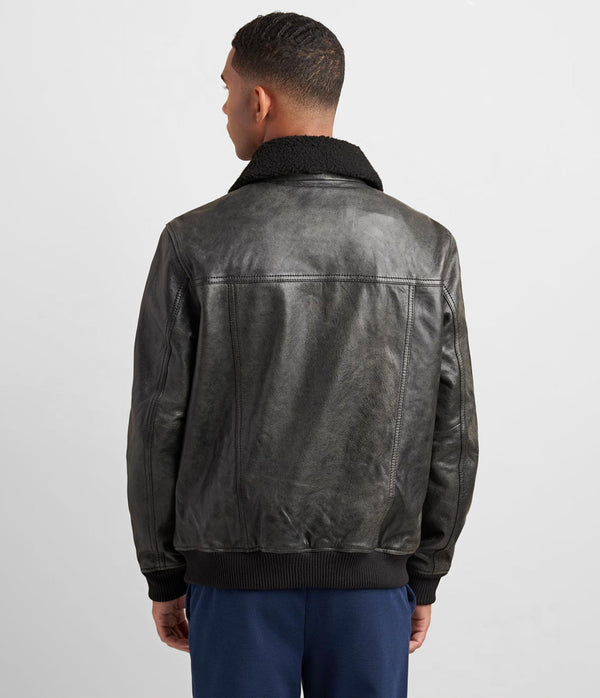 Leather Aviator Bomber With Detachable Faux Fur