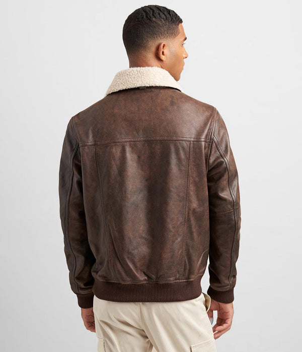 Leather Aviator Bomber With Detachable Faux Fur