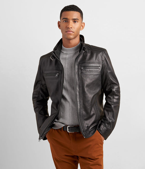 Leather Racer Jacket With Rib Knit Trim