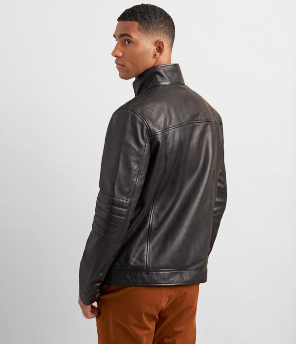 Leather Racer Jacket With Rib Knit Trim