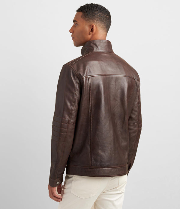 Leather Racer Jacket With Rib Knit Trim