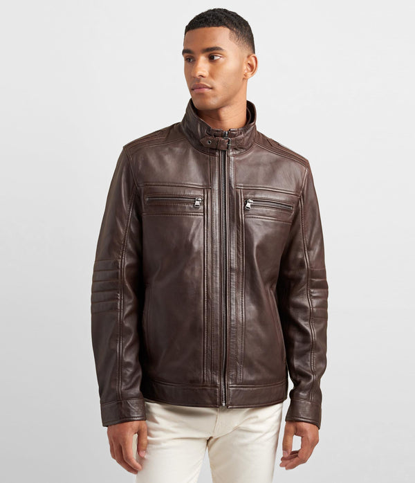 Leather Racer Jacket With Rib Knit Trim