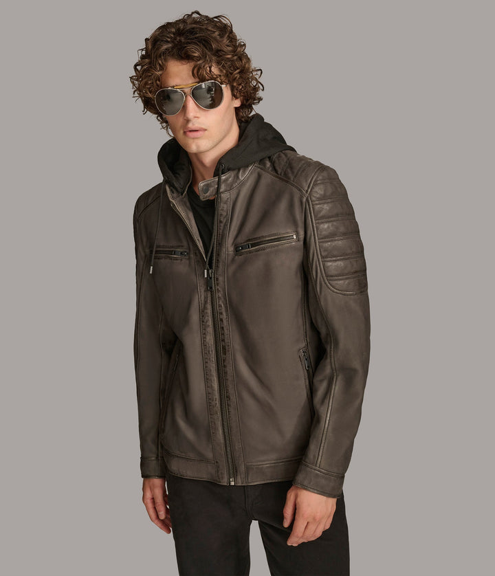 Mark Hooded Scuba leather jacket with zipper pockets at front.
