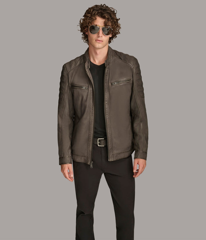 Complete Frontside view of  Mark Hooded Scuba leather jacket with zipper pockets at front.
