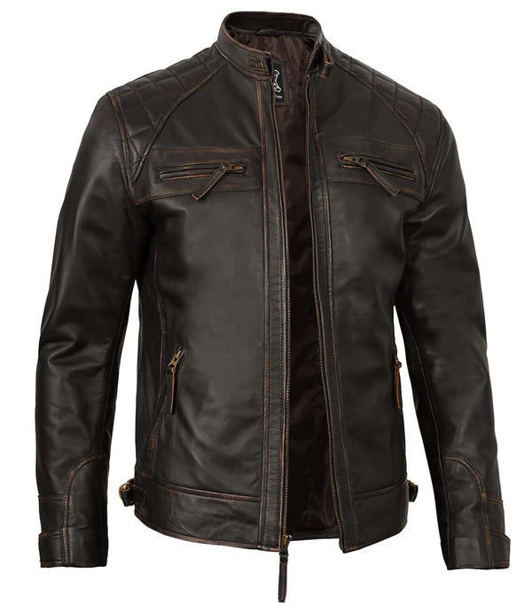 Front angle view of Men's Cafe Racer Distressed Brown Leather Jacket on a white background