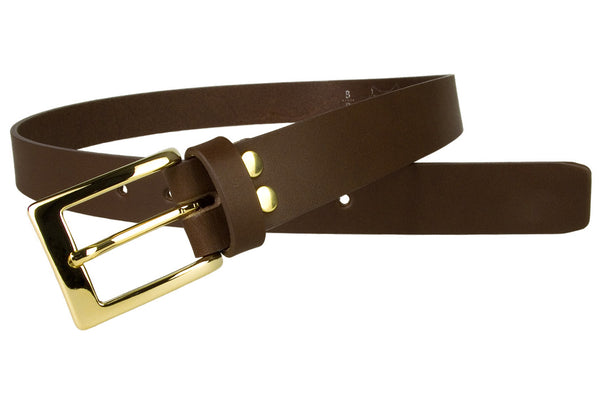 Mens Brown Leather Belt With Gold Buckle