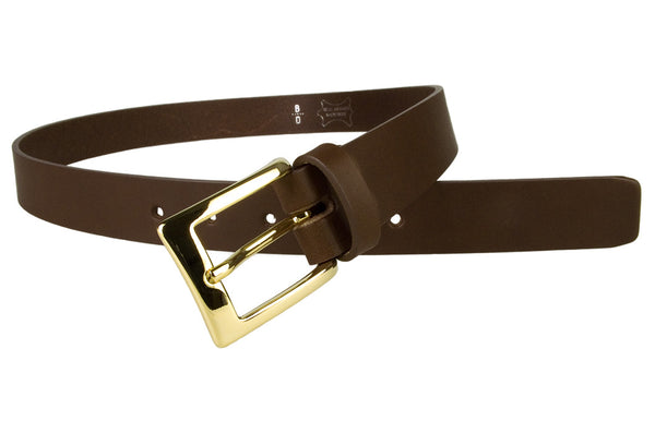 Mens Brown Leather Belt With Gold Buckle