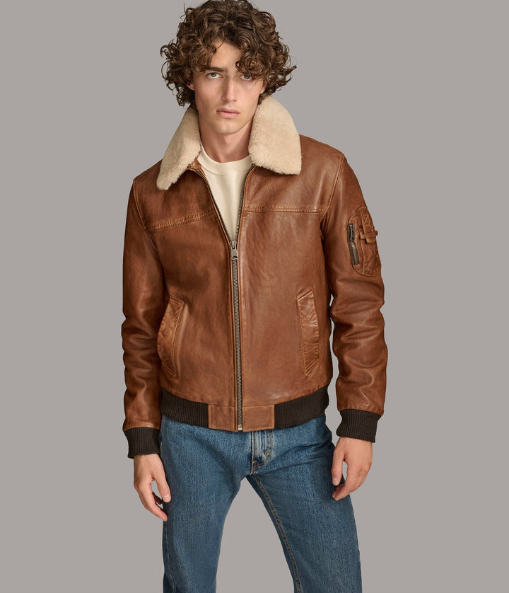 Frontside view of Ace Bomber Men leather jacket with Closed zipper 
