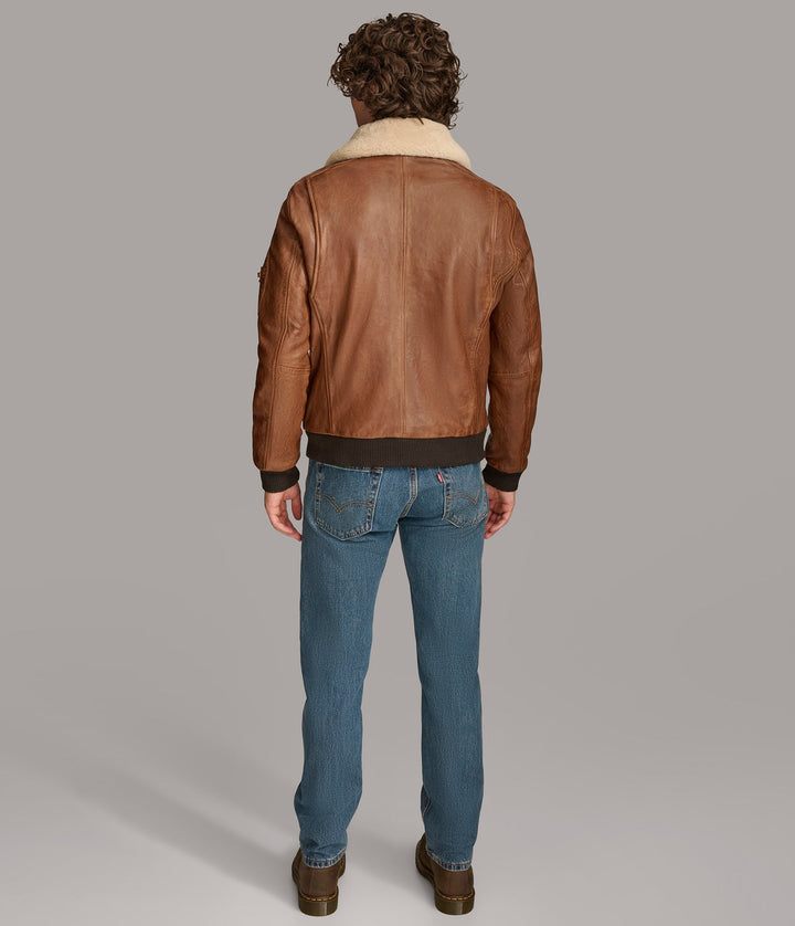 Backside view of Ace Bomber Men leather jacket with Closed zipper 
