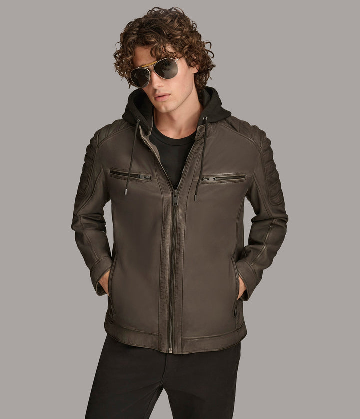 Frontside view of  Mark Hooded Scuba leather jacket with zipper pockets at front.
